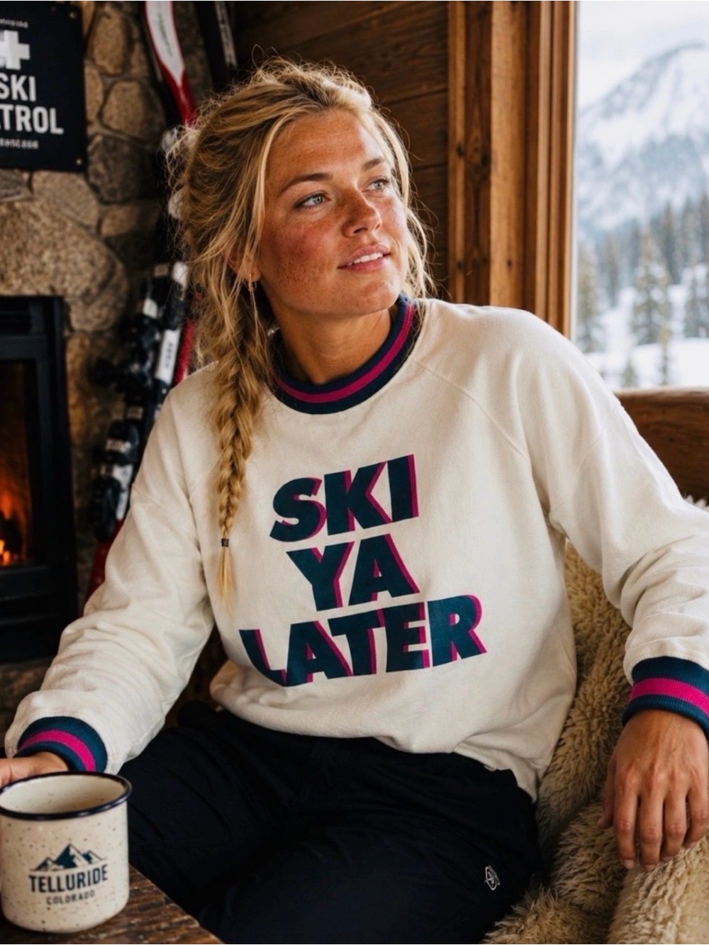 Chaser Ivory Ski Ya Later Graphic Dolman Sleeve Sweatshirt Size S NWT
